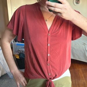 Green Envelope Rust Button-Down Tie-Front Blouse